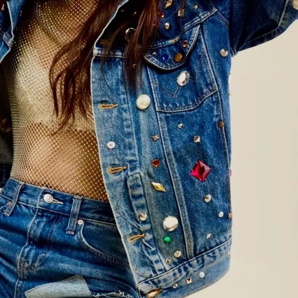 Free People x Tricia Fix Dazzled Denim Jacket Uncycle Reworked Jewels Studded - Picture 6 of 12